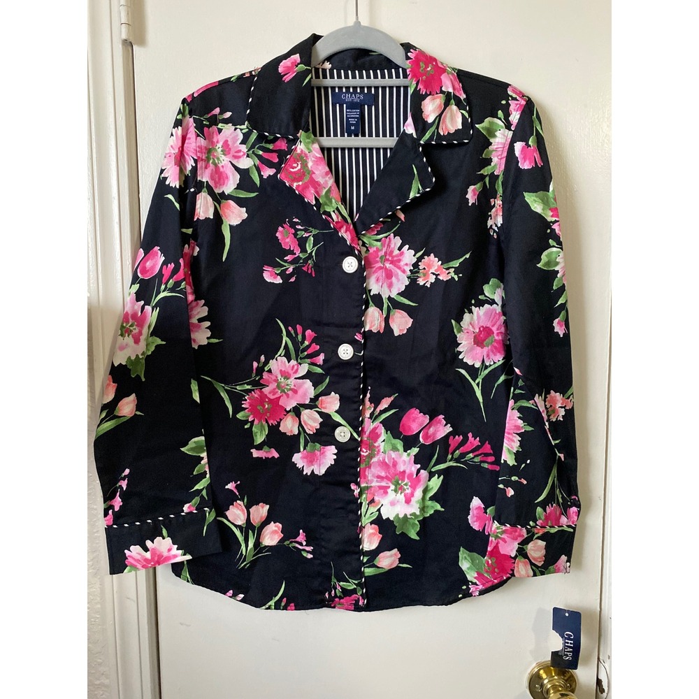 NWT Chaps Womens Pajama Set Medium Black Pink Floral 100% Cotton 2 Piece Bel Air